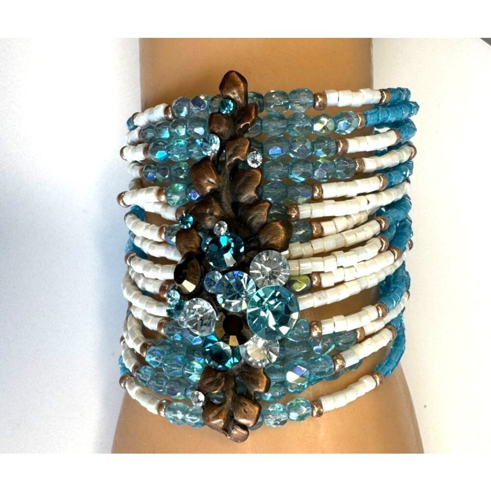 Title:Aqua Boho Wide Cuff Statement Bracelet Seed Beads Rhinestone Center Adjus - Picture 2 of 9